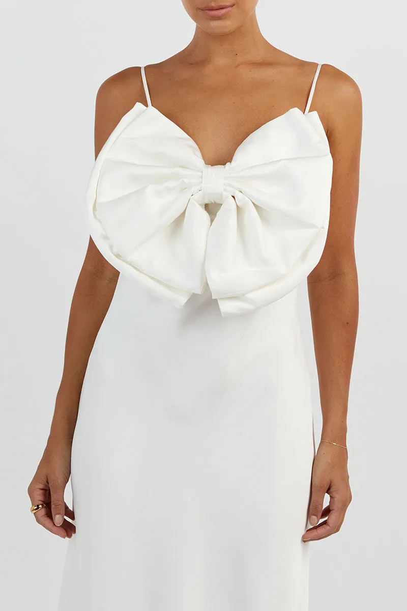 AISLE WHITE FRONT BOW MIDI DRESS