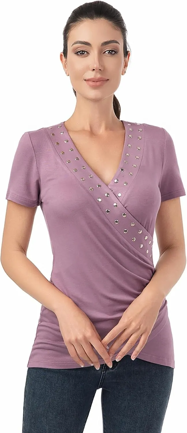 AmlieBoutik Women Deep V Neck Cross Wrap Top Slim Fitted Stud Trim Short Sleeve Blouse Top