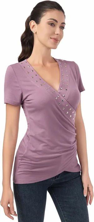 AmlieBoutik Women Deep V Neck Cross Wrap Top Slim Fitted Stud Trim Short Sleeve Blouse Top