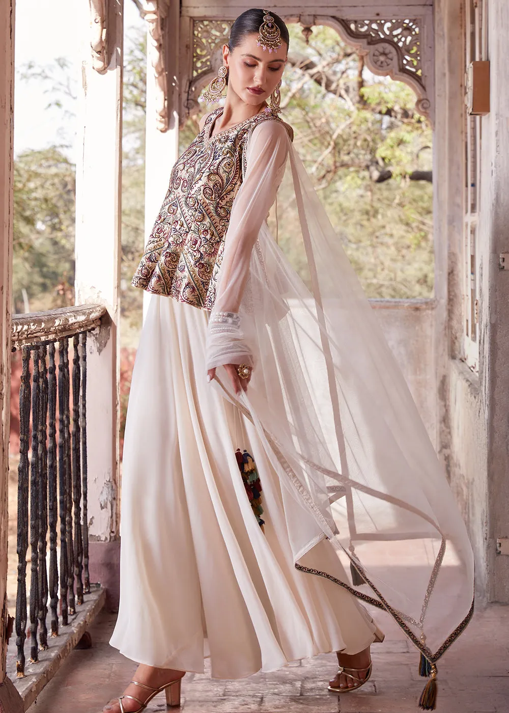Austonishing Off White Georgette Peplum Style Sharara Suit