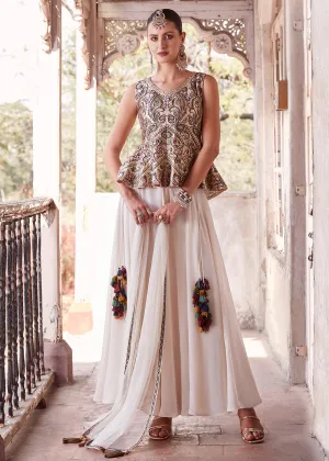 Austonishing Off White Georgette Peplum Style Sharara Suit
