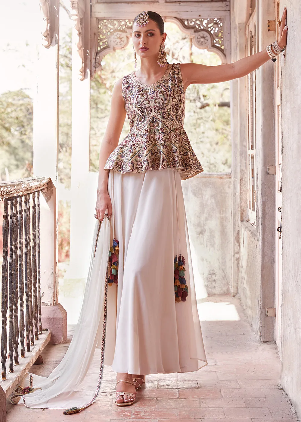 Austonishing Off White Georgette Peplum Style Sharara Suit