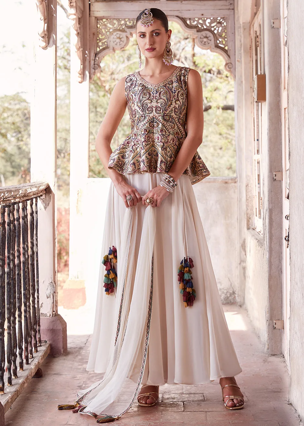 Austonishing Off White Georgette Peplum Style Sharara Suit