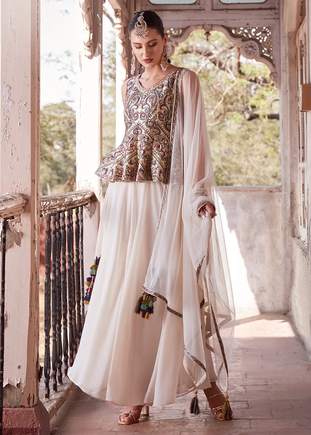 Austonishing Off White Georgette Peplum Style Sharara Suit