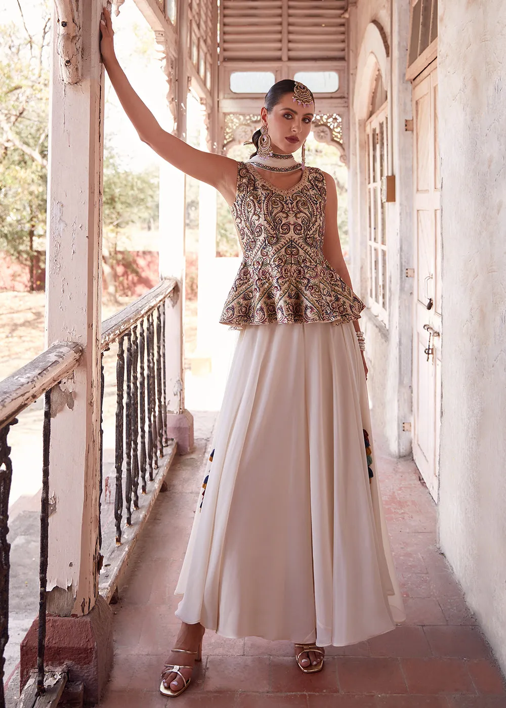 Austonishing Off White Georgette Peplum Style Sharara Suit