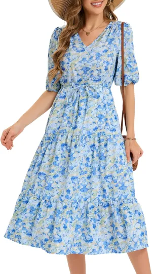 Bbonlinedress Women Maxi Floral Dress Summer Beach Wedding Guest V Neck Short Sleeve Casual Boho Flowy Dress