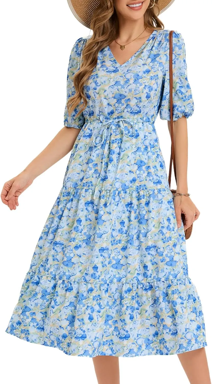 Bbonlinedress Women Maxi Floral Dress Summer Beach Wedding Guest V Neck Short Sleeve Casual Boho Flowy Dress