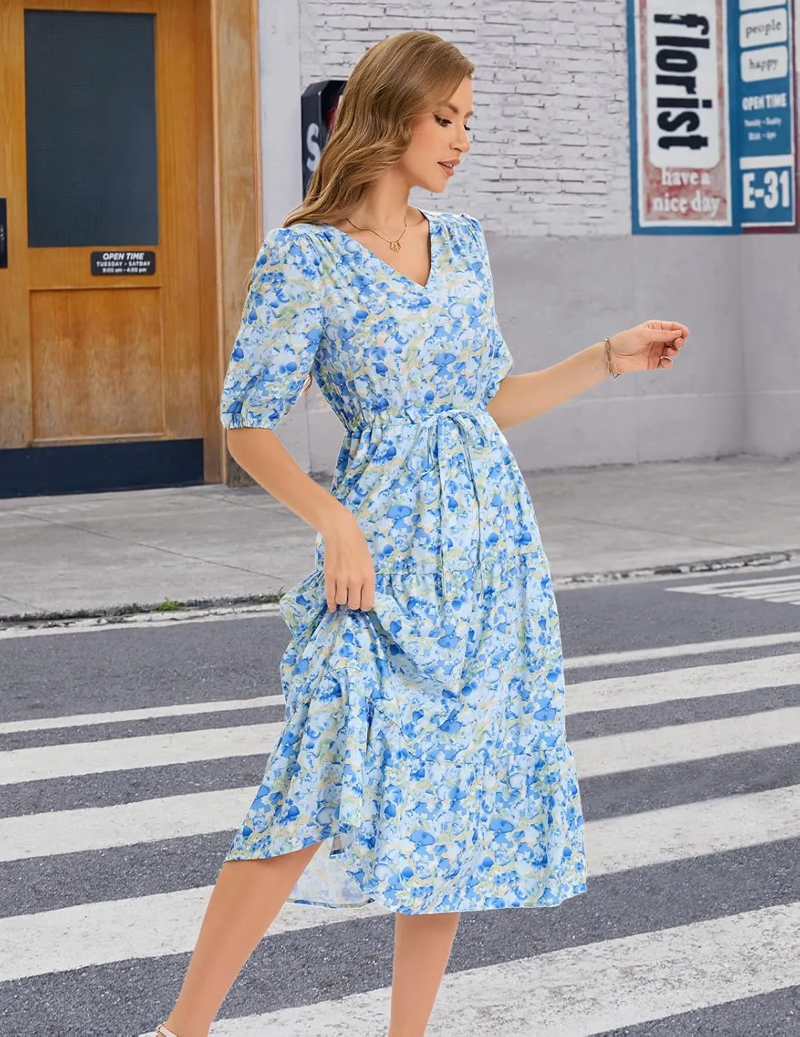 Bbonlinedress Women Maxi Floral Dress Summer Beach Wedding Guest V Neck Short Sleeve Casual Boho Flowy Dress