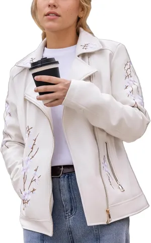 Bellivera Women Faux Leather Jacket Studded Rivet Floral Moto Biker Coat