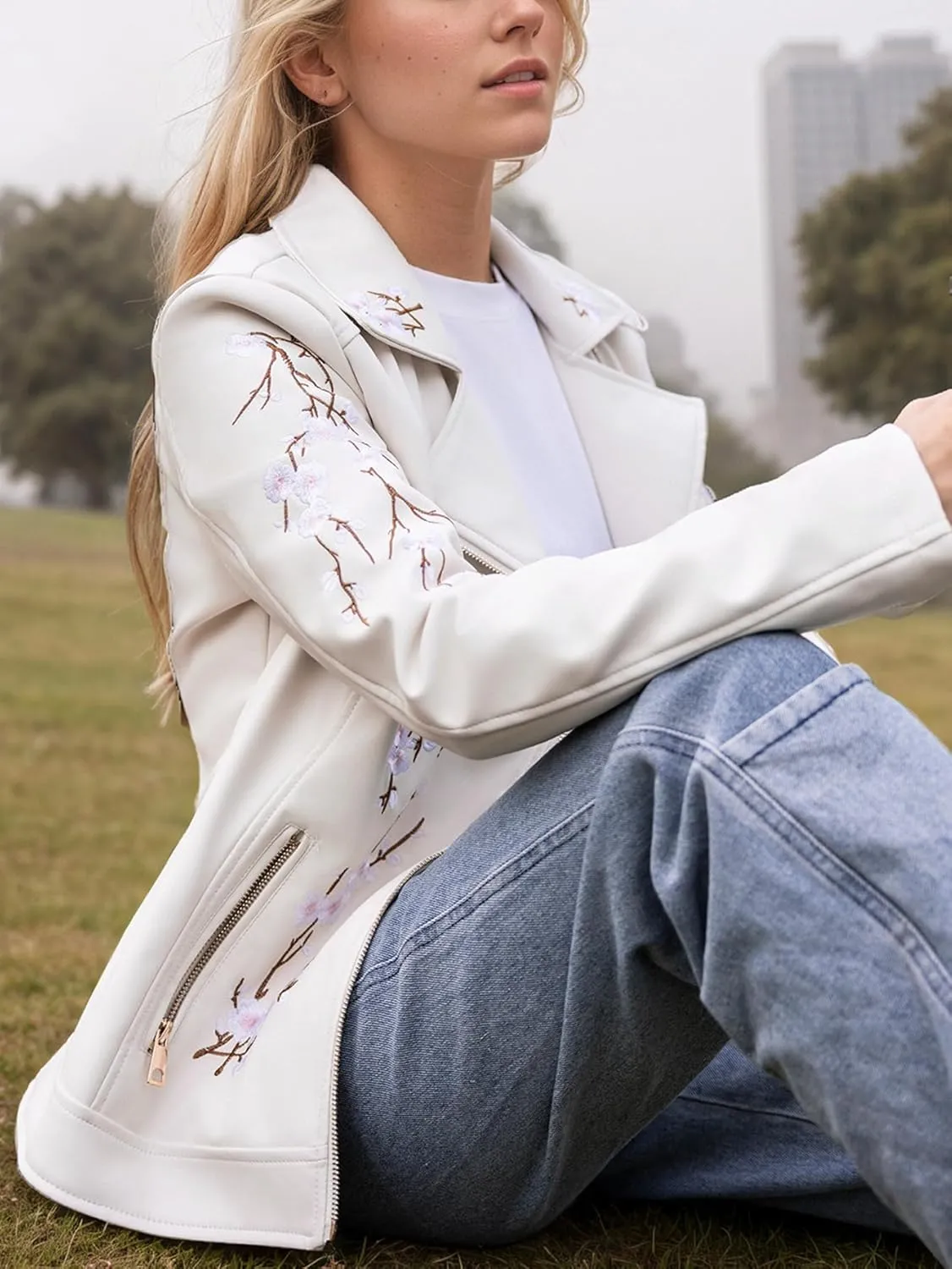 Bellivera Women Faux Leather Jacket Studded Rivet Floral Moto Biker Coat