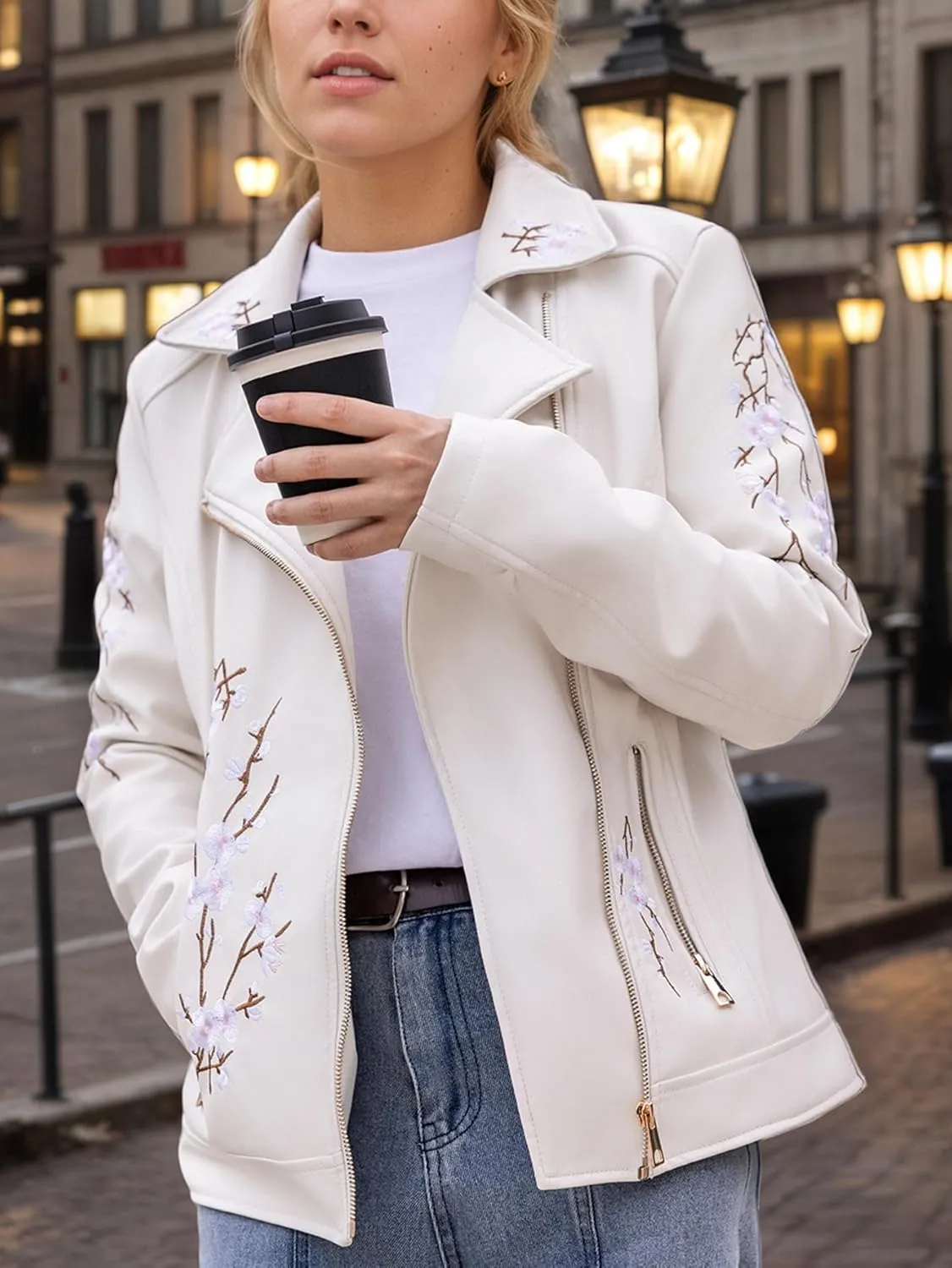 Bellivera Women Faux Leather Jacket Studded Rivet Floral Moto Biker Coat