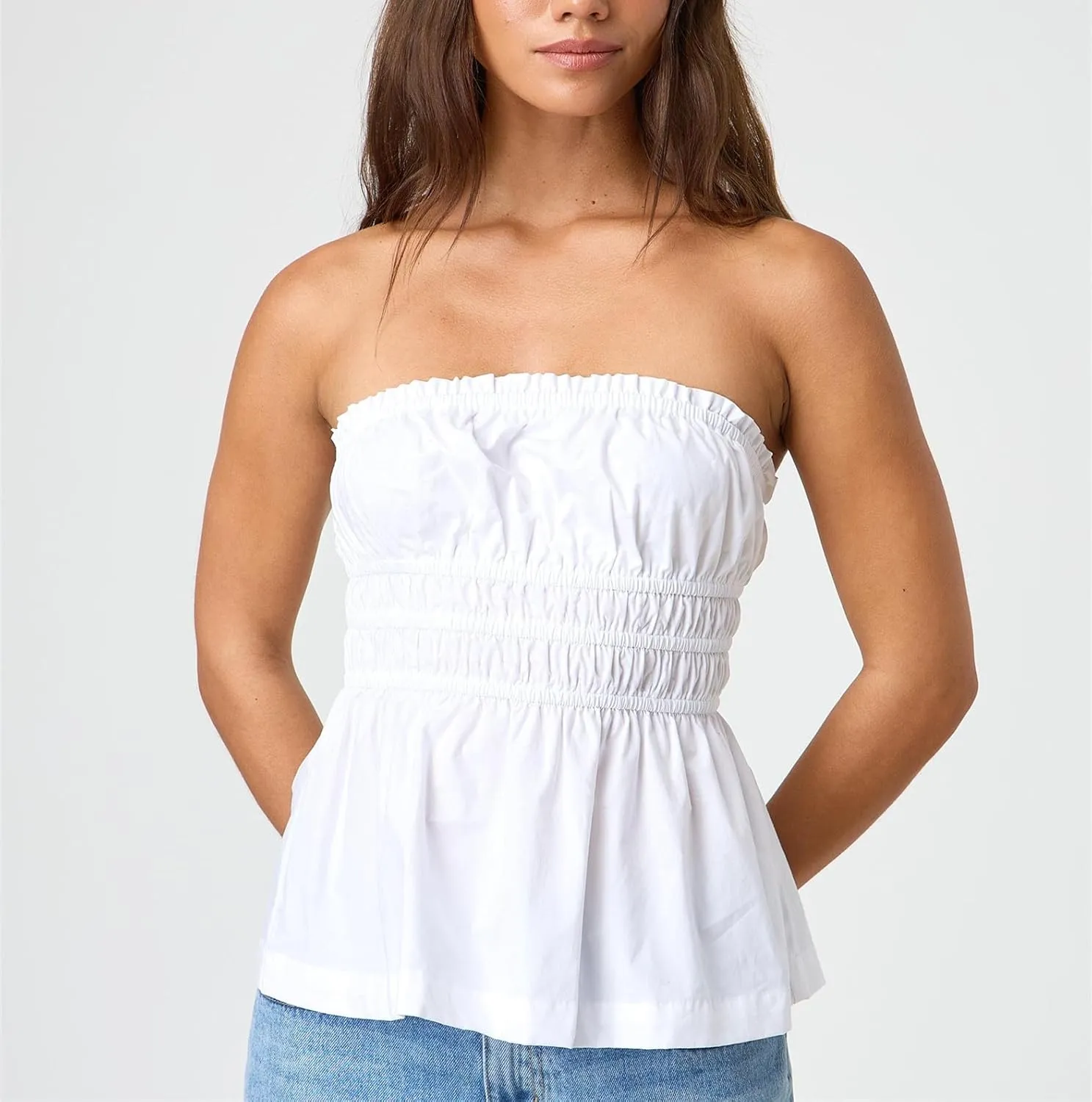 Bocymolay Women Strapless Peplum Top Ruffle Hem Tube Bandeau Top Backless Sleeveless Tank Top Summer Going Out