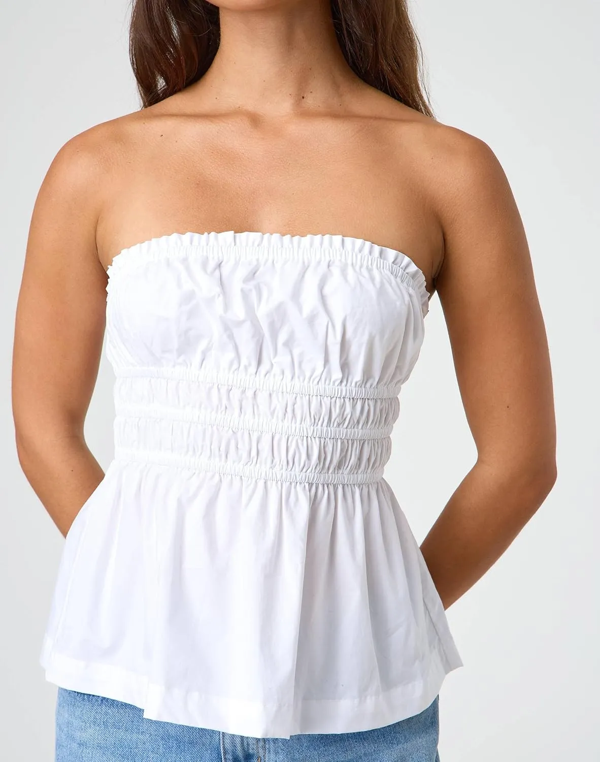 Bocymolay Women Strapless Peplum Top Ruffle Hem Tube Bandeau Top Backless Sleeveless Tank Top Summer Going Out