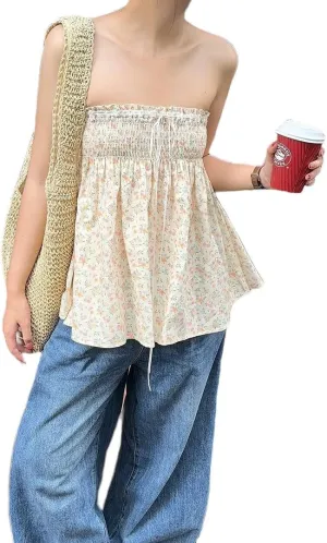 Bocymolay Women Strapless Peplum Top Ruffle Hem Tube Bandeau Top Backless Sleeveless Tank Top Summer Going Out