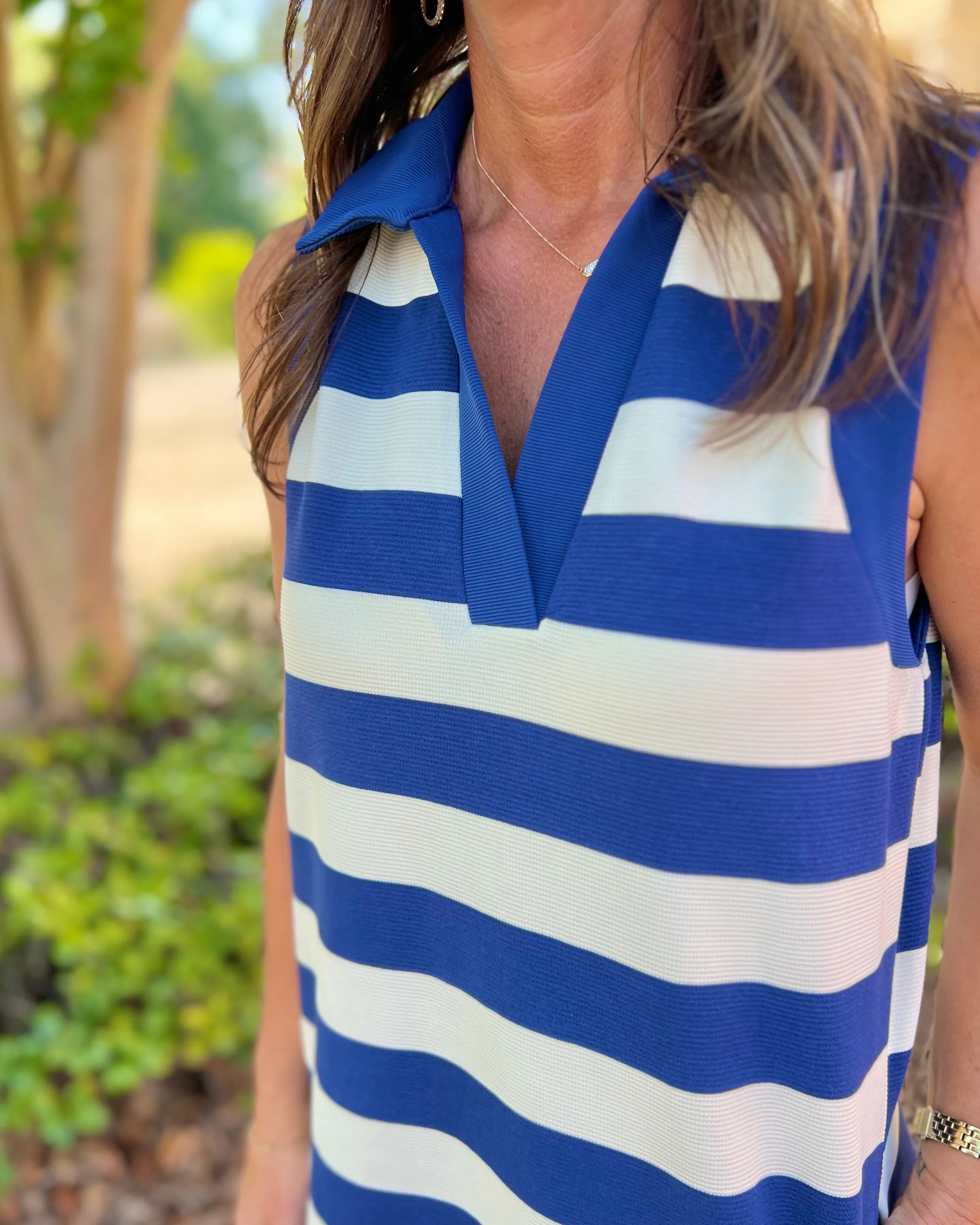 Coastline Navy Stripe V Neck Collared Sleeveless Midi Dress