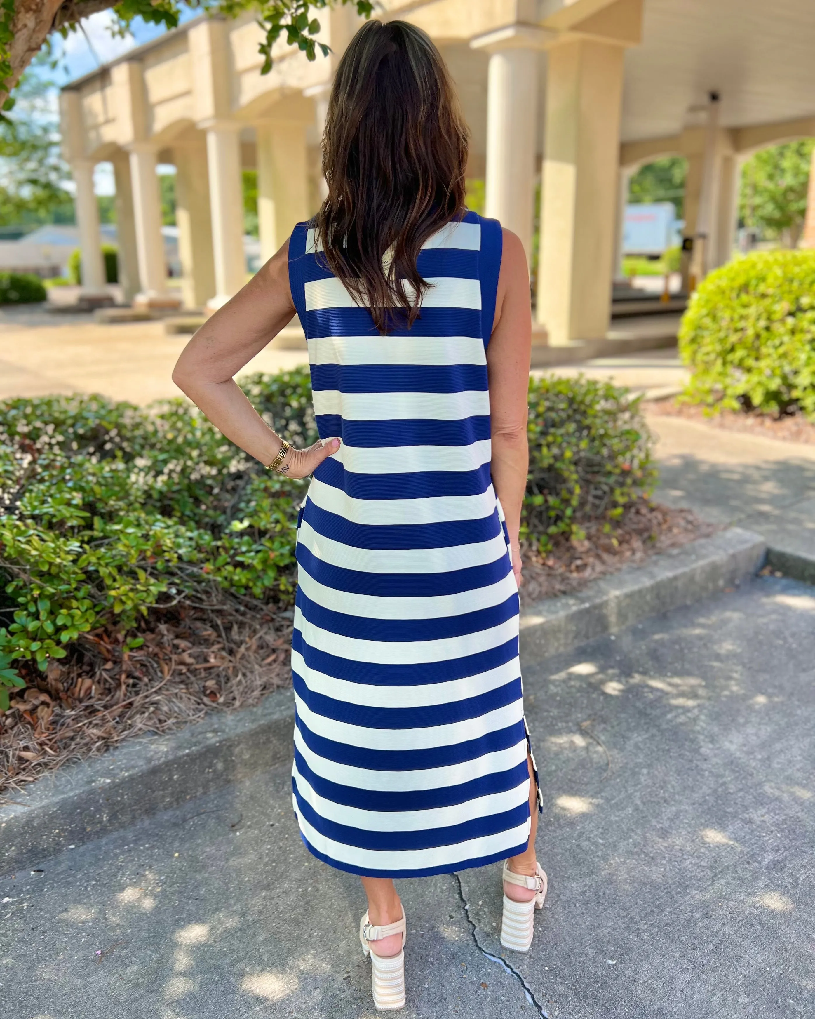 Coastline Navy Stripe V Neck Collared Sleeveless Midi Dress
