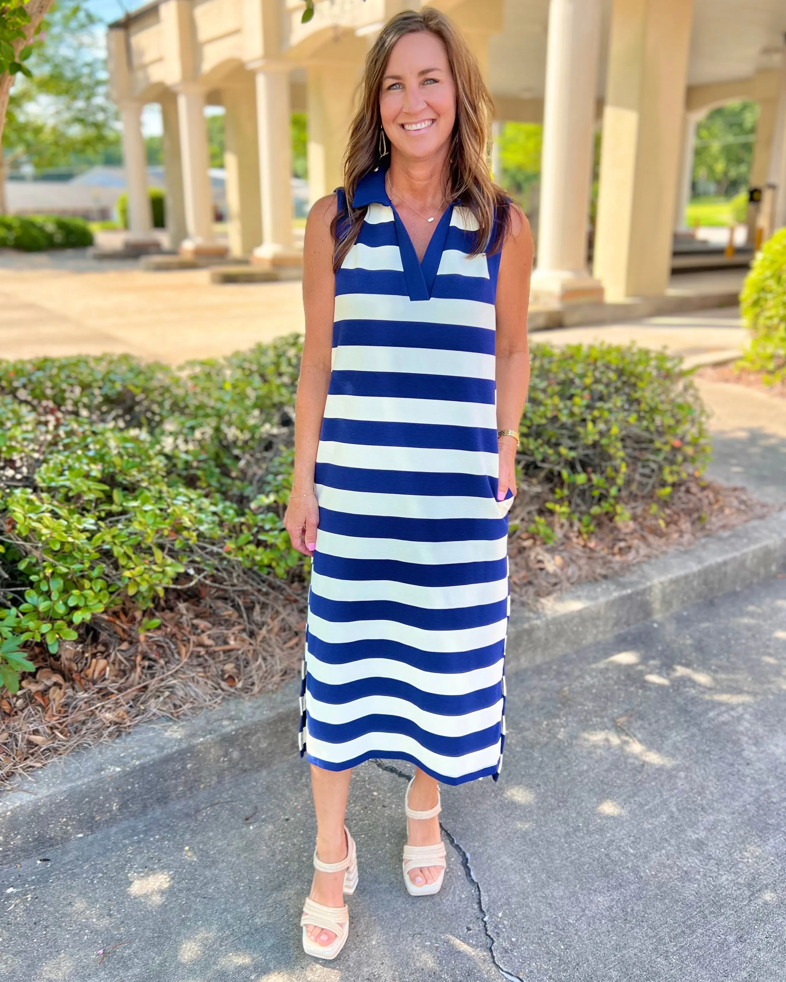 Coastline Navy Stripe V Neck Collared Sleeveless Midi Dress
