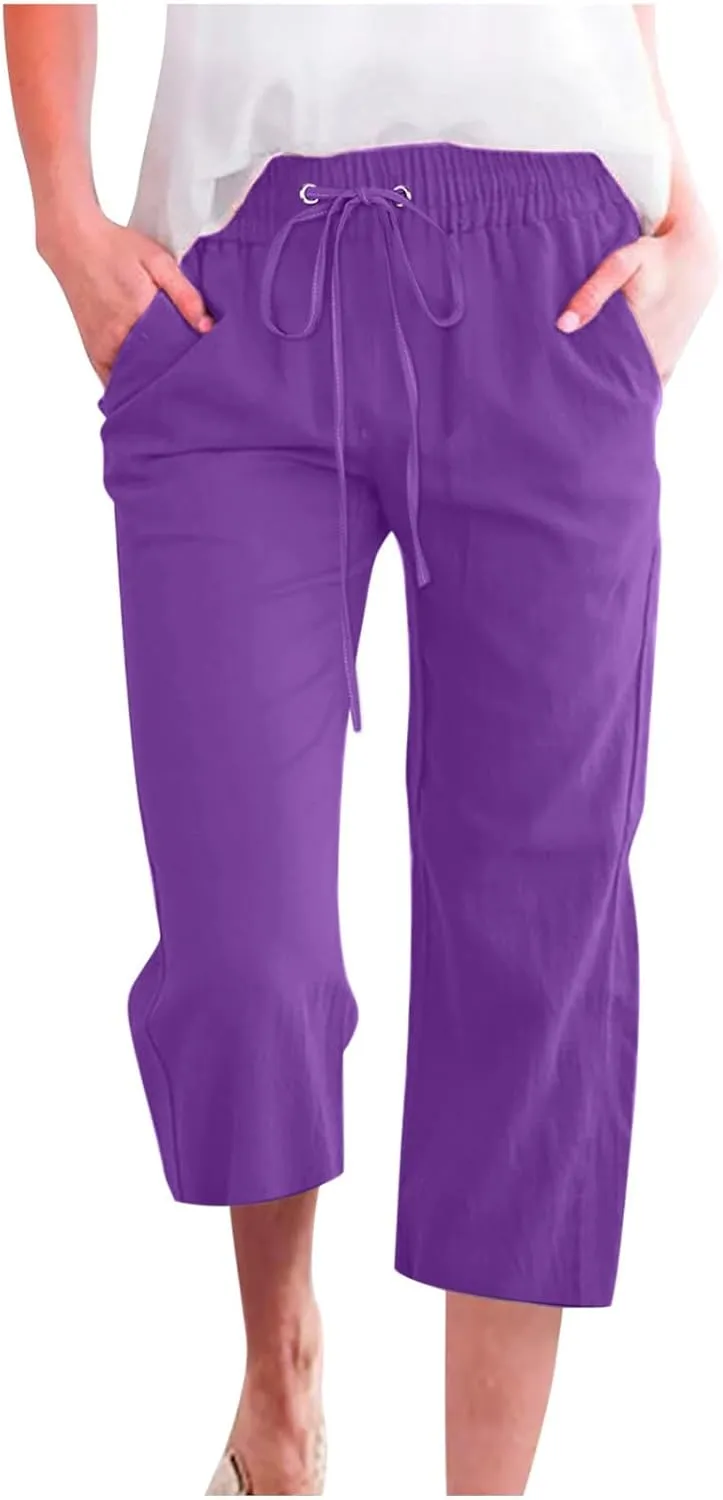 Cotton Linen Pants for Women Trendy 2024 High Waist Drawstring Cropped Pant Trousers Casual Summer Wide Leg Capris