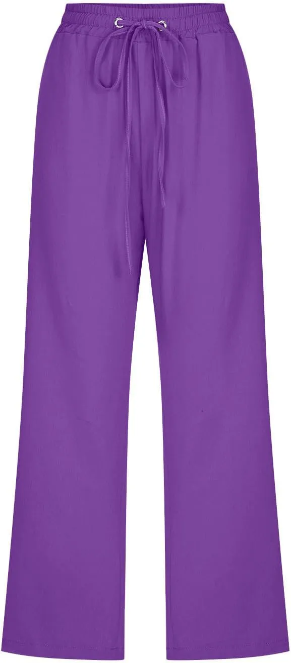 Cotton Linen Pants for Women Trendy 2024 High Waist Drawstring Cropped Pant Trousers Casual Summer Wide Leg Capris