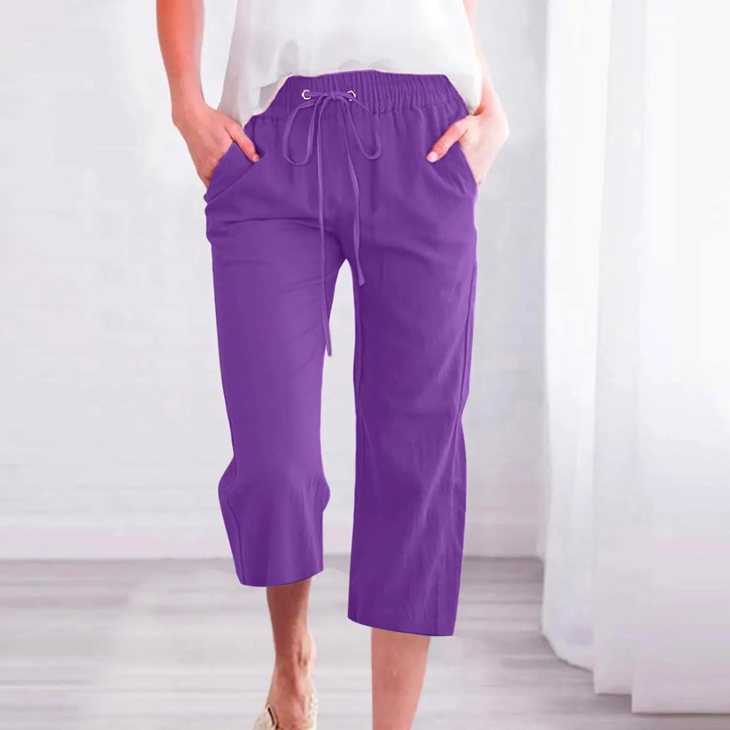 Cotton Linen Pants for Women Trendy 2024 High Waist Drawstring Cropped Pant Trousers Casual Summer Wide Leg Capris