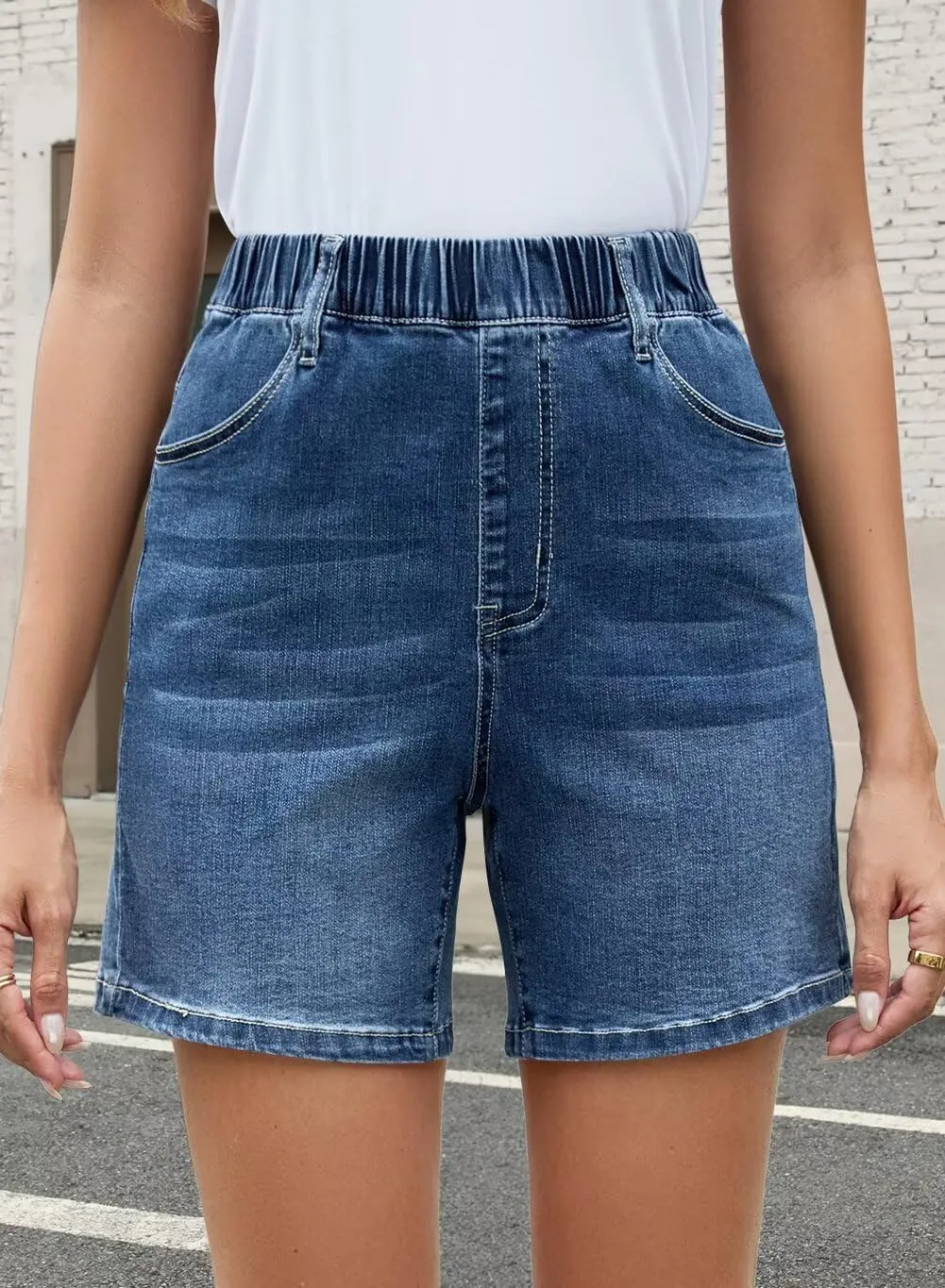 FEKOAFE Womens Stretchy Denim Shorts 2025 Summer Casual Drawstring Elastic Waist Jean Shorts with Pockets