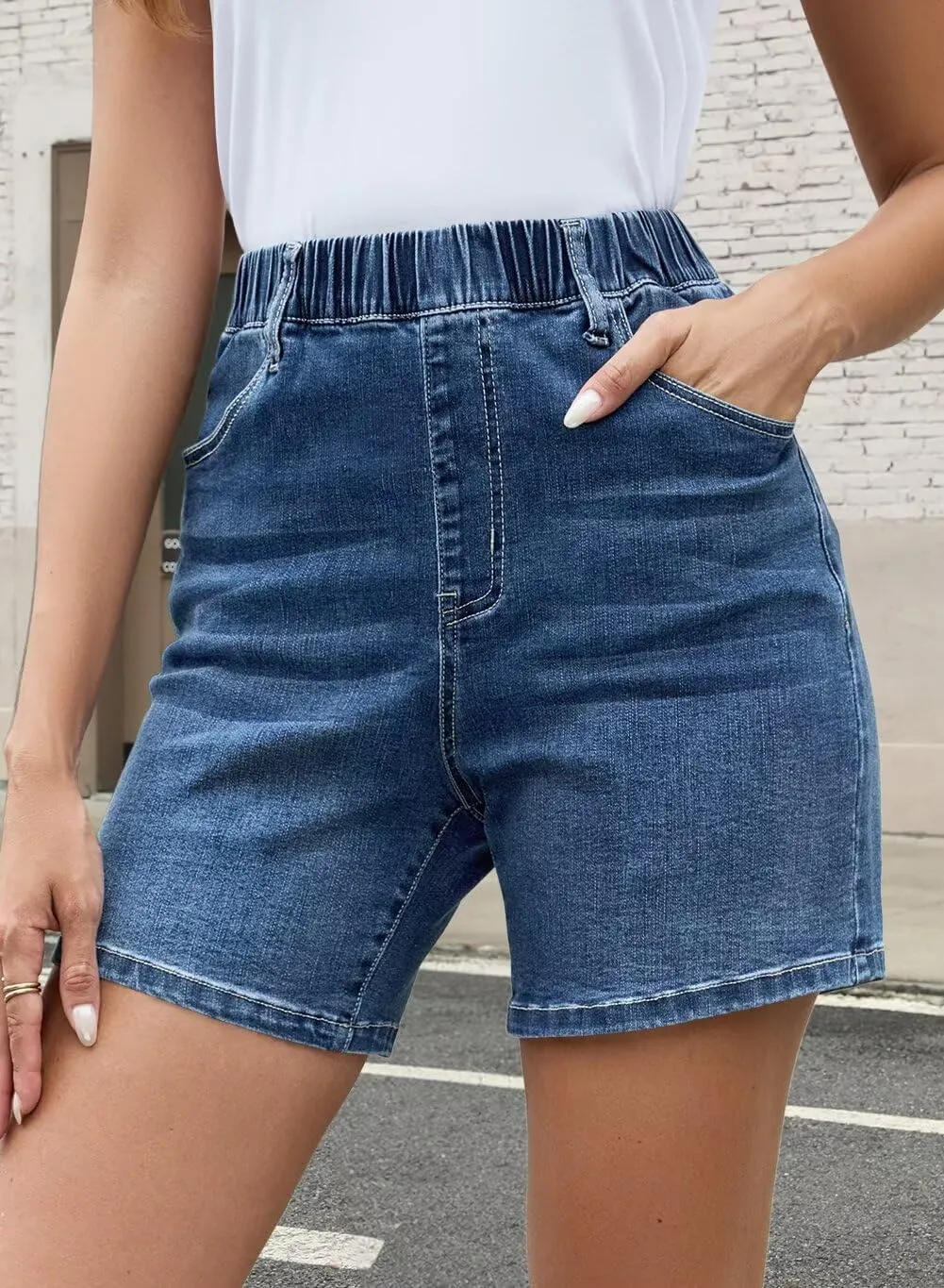 FEKOAFE Womens Stretchy Denim Shorts 2025 Summer Casual Drawstring Elastic Waist Jean Shorts with Pockets