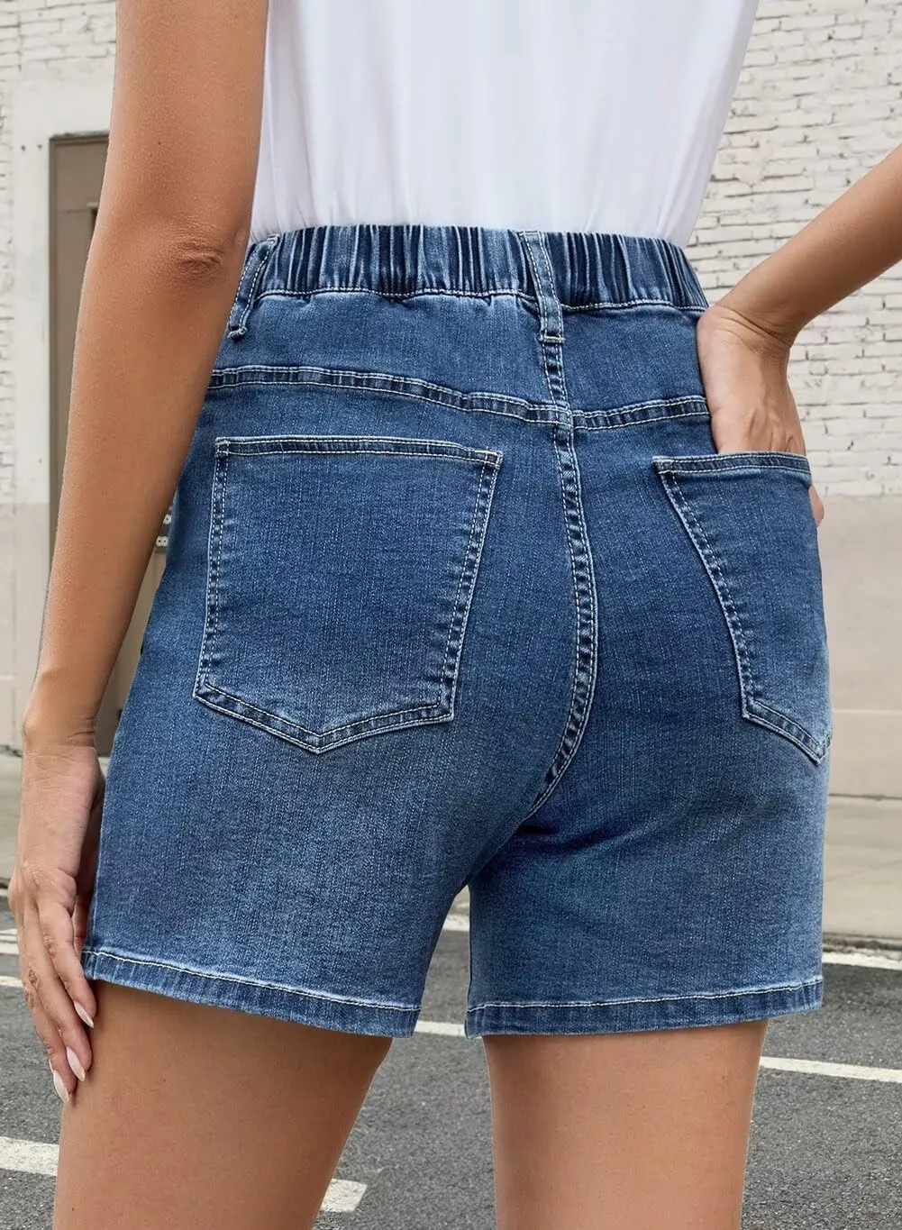 FEKOAFE Womens Stretchy Denim Shorts 2025 Summer Casual Drawstring Elastic Waist Jean Shorts with Pockets