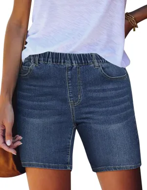 FEKOAFE Womens Stretchy Denim Shorts 2025 Summer Casual Drawstring Elastic Waist Jean Shorts with Pockets