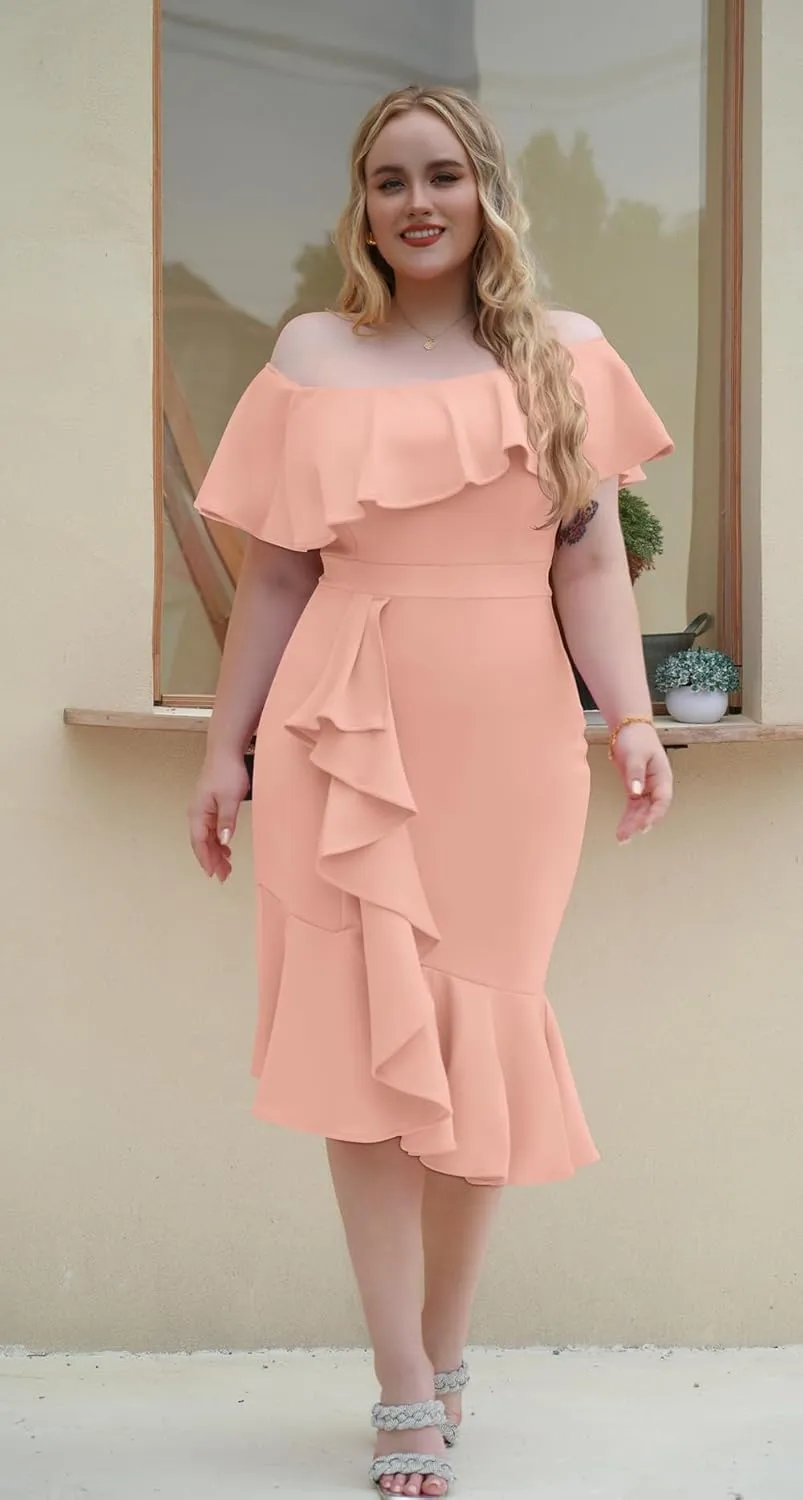 GOBLES Women's Elegant Off The Sholder Back Zipper Ruffles Bodycon Midi Cocktail Dress