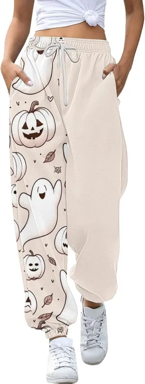 Halloween Sweatpants for Women Pumpkin Print Straight Leg Cinch Bottoms Drawstring High Waisted Athletic Joggers