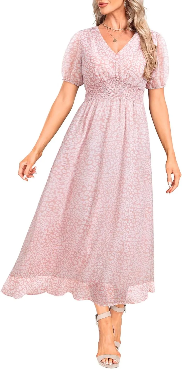 Holipick Women Summer Casual Dress Boho Floral V Neck Short Sleeves Smocked Waist Chiffon Swing Knee Length Dresses
