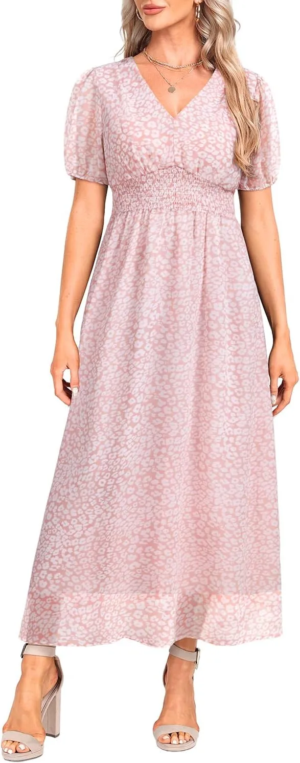 Holipick Women Summer Casual Dress Boho Floral V Neck Short Sleeves Smocked Waist Chiffon Swing Knee Length Dresses