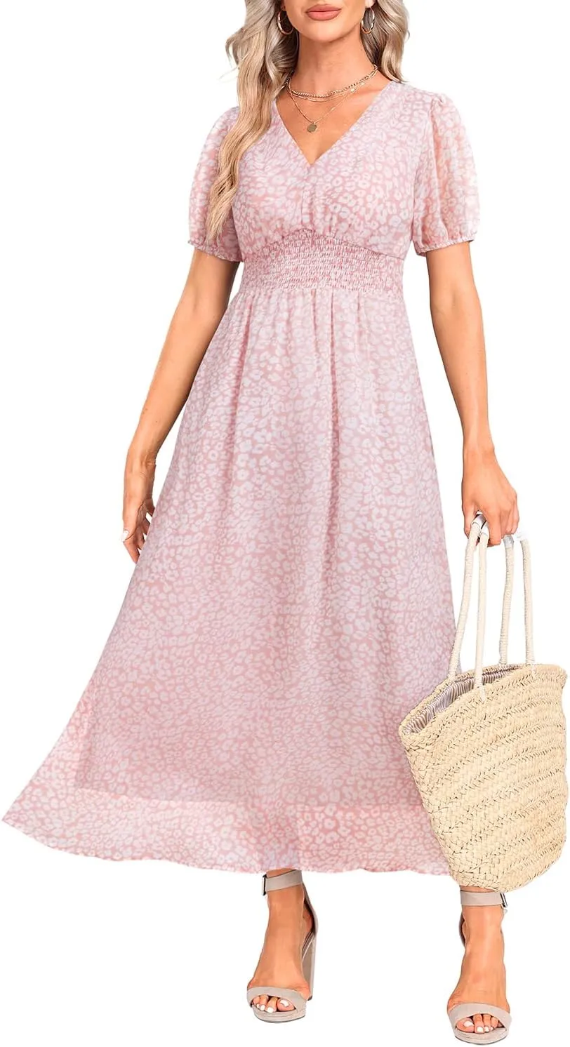 Holipick Women Summer Casual Dress Boho Floral V Neck Short Sleeves Smocked Waist Chiffon Swing Knee Length Dresses