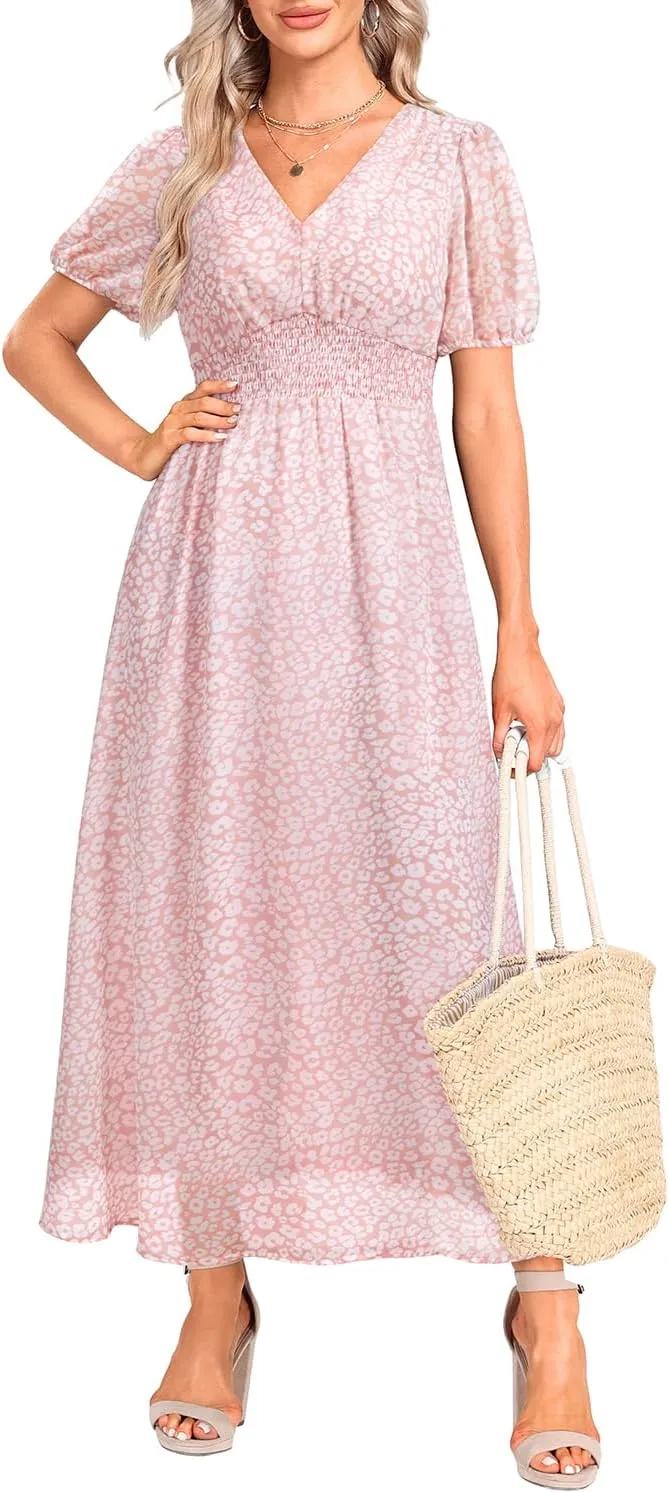 Holipick Women Summer Casual Dress Boho Floral V Neck Short Sleeves Smocked Waist Chiffon Swing Knee Length Dresses