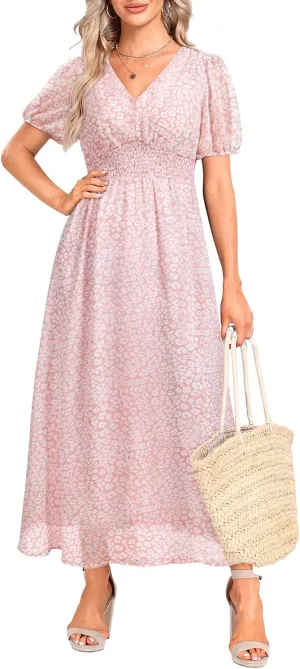 Holipick Women Summer Casual Dress Boho Floral V Neck Short Sleeves Smocked Waist Chiffon Swing Knee Length Dresses
