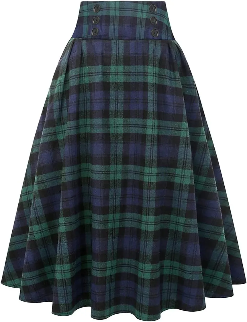 IDEALSANXUN Plaid Skirt for Womens High Waist Aline Pleated Midi Skirts