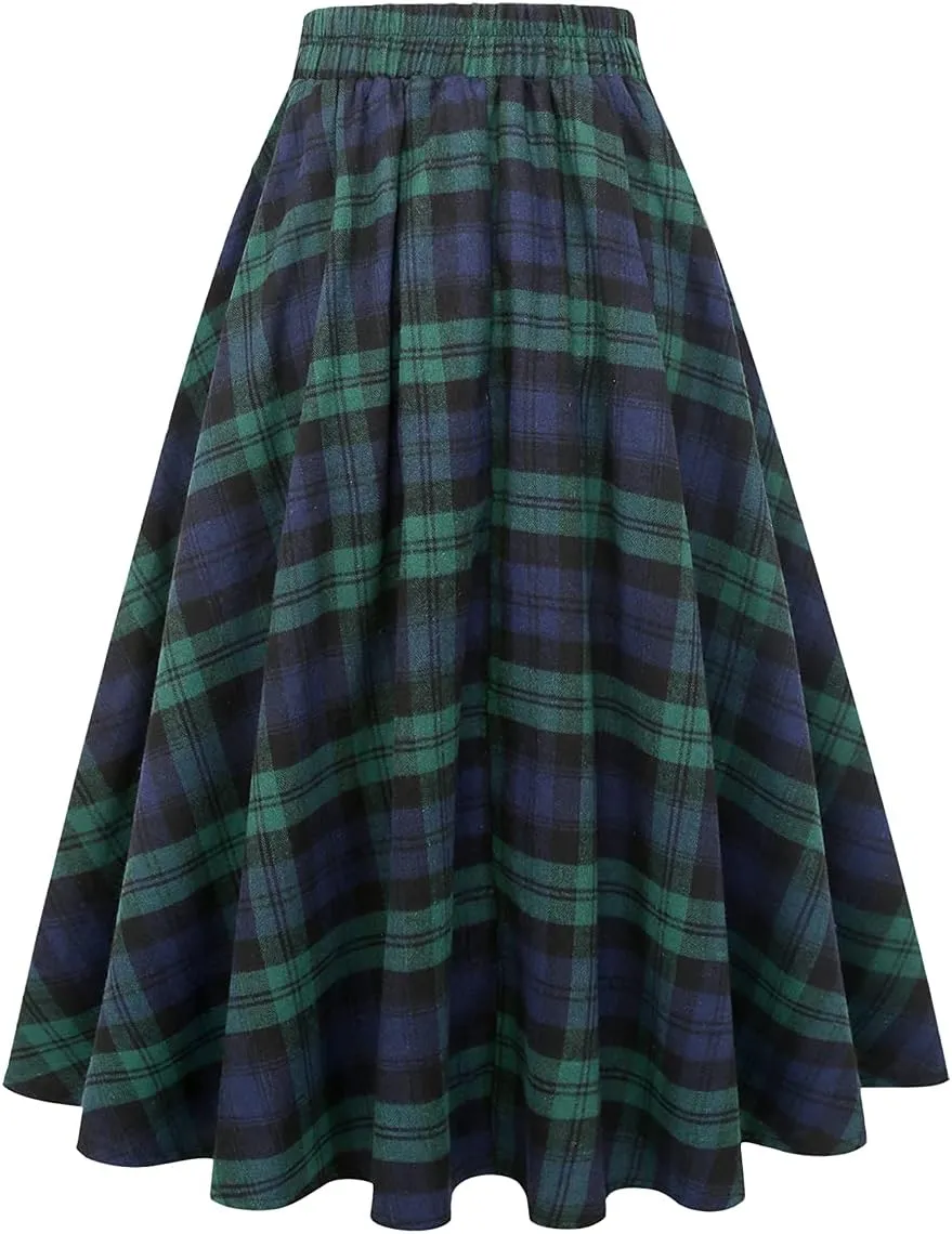 IDEALSANXUN Plaid Skirt for Womens High Waist Aline Pleated Midi Skirts
