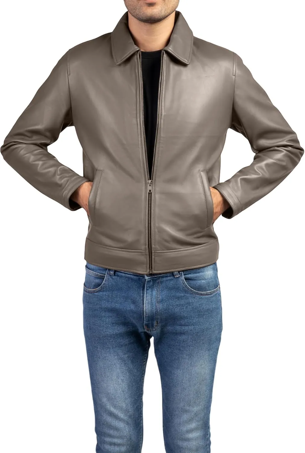 Jild Polo Collar Premium Leather Jacket Men - Old School Classic Style Everyday Wear Real Lambskin Mens Leather Jacket