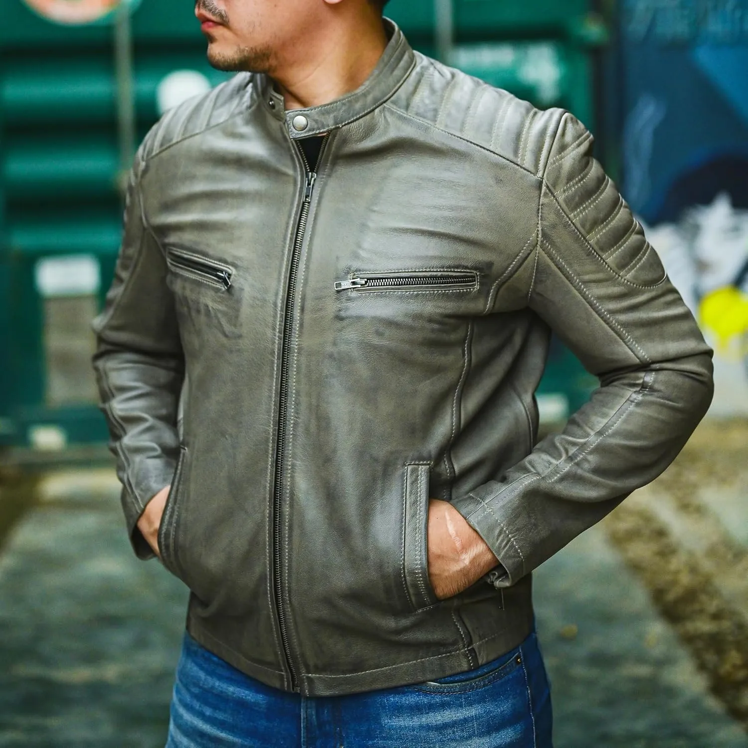 Jild Timeless Classic Leather Jacket Men - Biker Style Real Lambskin Caf Racer Vintage Look Motorcycle Jackets for Men