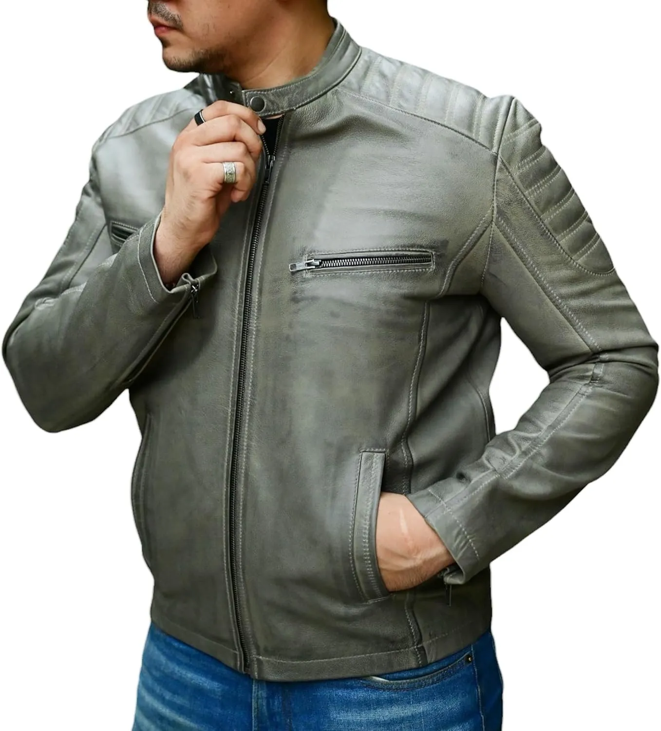 Jild Timeless Classic Leather Jacket Men - Biker Style Real Lambskin Caf Racer Vintage Look Motorcycle Jackets for Men