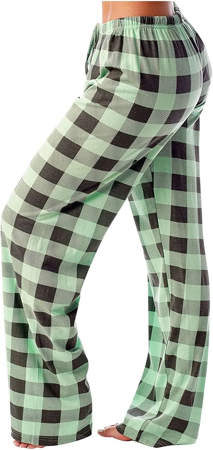 Ladies Drawstring Plaid Printed Casual Dressy Loose Fit Fashion Pants