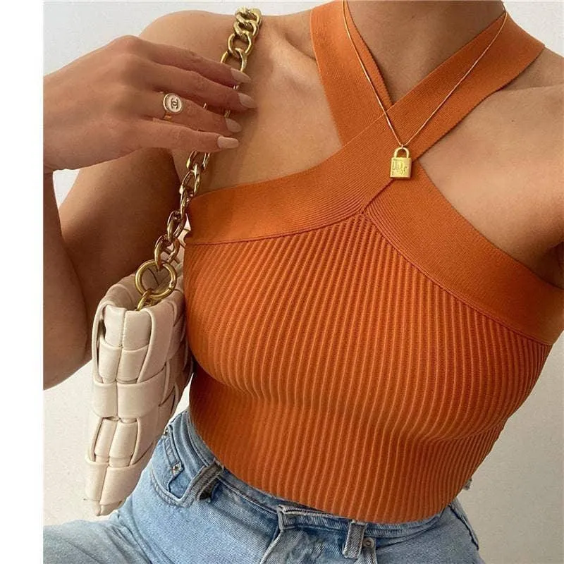 Ladies Slim Sleeveless Cross Neck Crop Top YL0311