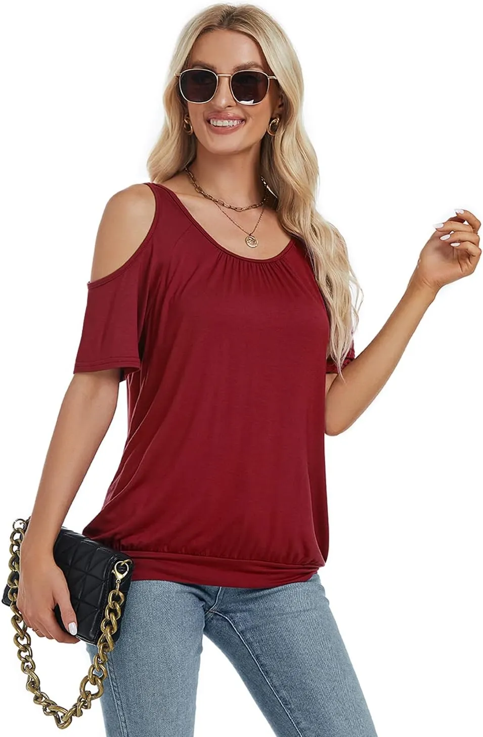 LEIYEE Womens Cold Shoulder Tops Summer Sexy Casual Short Sleeve Ruched Scoop Neck Banded Bottom Shirts Blouse