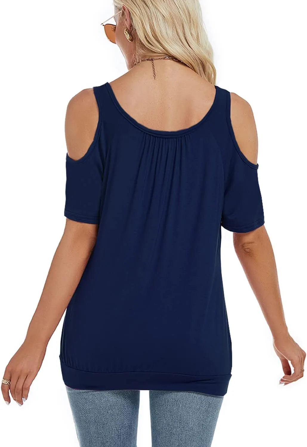 LEIYEE Womens Cold Shoulder Tops Summer Sexy Casual Short Sleeve Ruched Scoop Neck Banded Bottom Shirts Blouse
