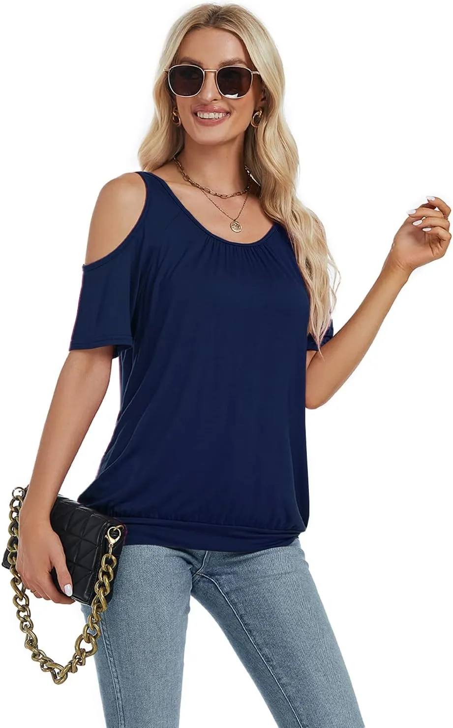 LEIYEE Womens Cold Shoulder Tops Summer Sexy Casual Short Sleeve Ruched Scoop Neck Banded Bottom Shirts Blouse