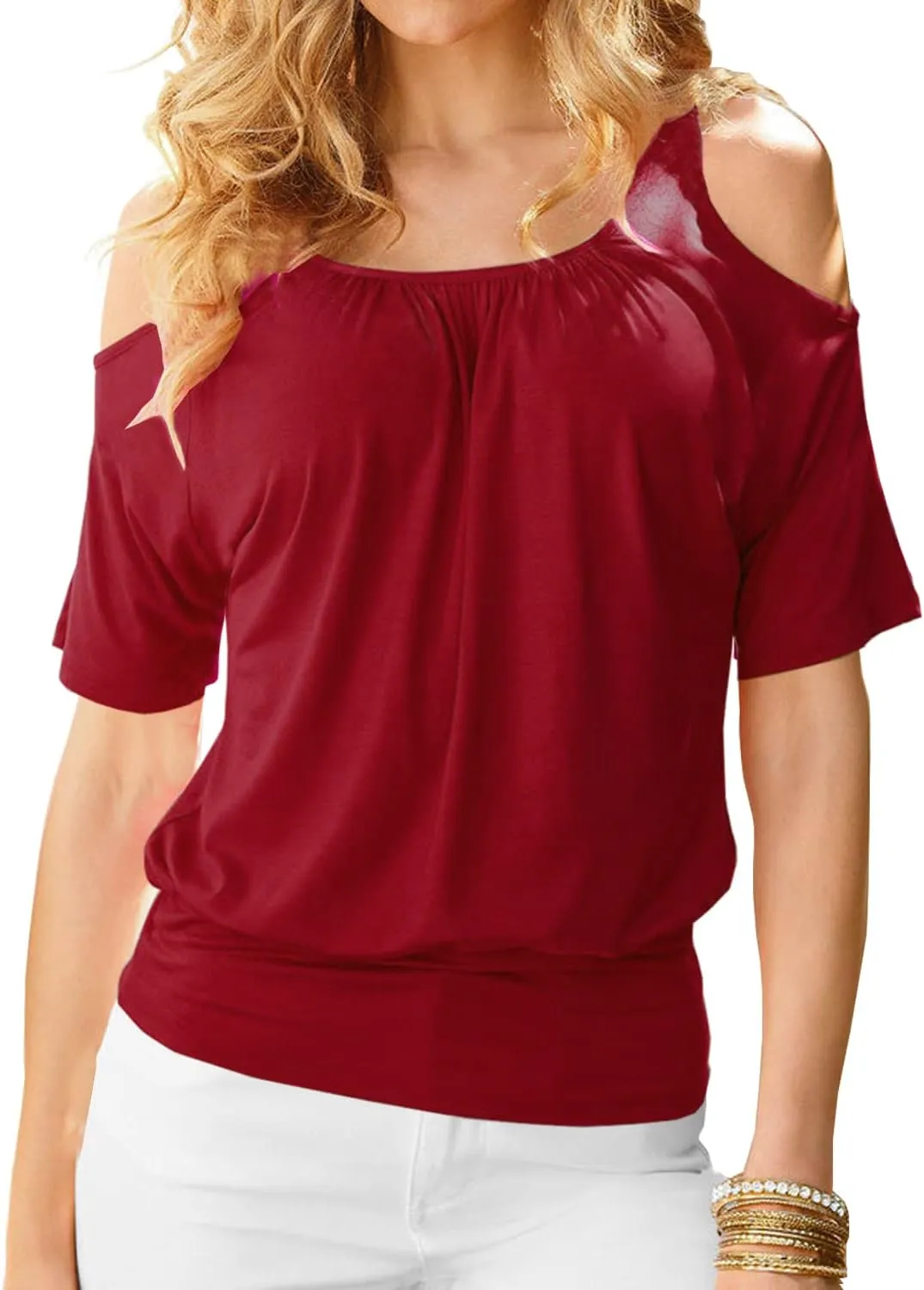 LEIYEE Womens Cold Shoulder Tops Summer Sexy Casual Short Sleeve Ruched Scoop Neck Banded Bottom Shirts Blouse