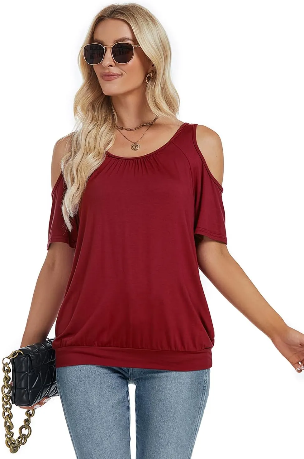 LEIYEE Womens Cold Shoulder Tops Summer Sexy Casual Short Sleeve Ruched Scoop Neck Banded Bottom Shirts Blouse