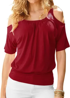LEIYEE Womens Cold Shoulder Tops Summer Sexy Casual Short Sleeve Ruched Scoop Neck Banded Bottom Shirts Blouse