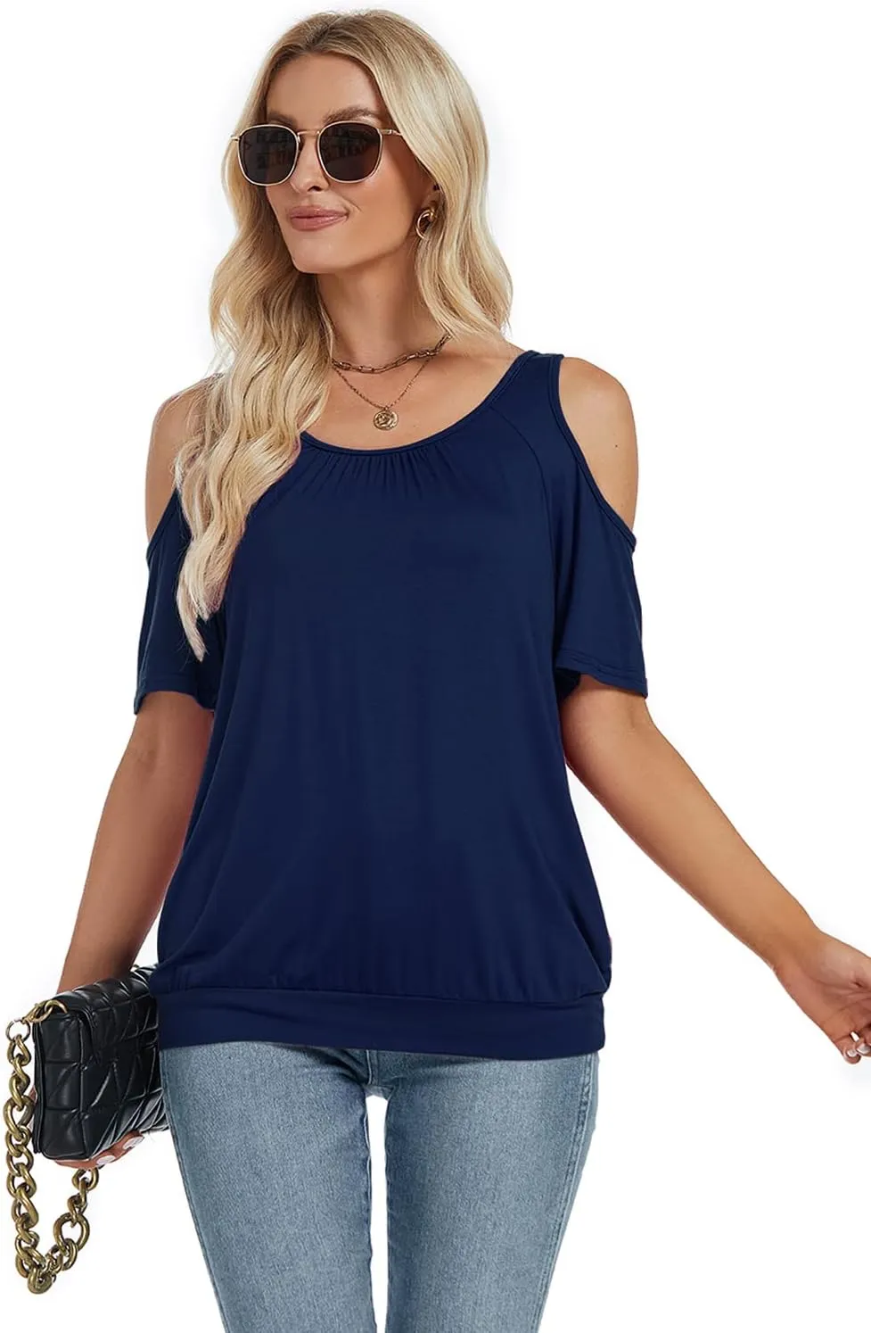 LEIYEE Womens Cold Shoulder Tops Summer Sexy Casual Short Sleeve Ruched Scoop Neck Banded Bottom Shirts Blouse