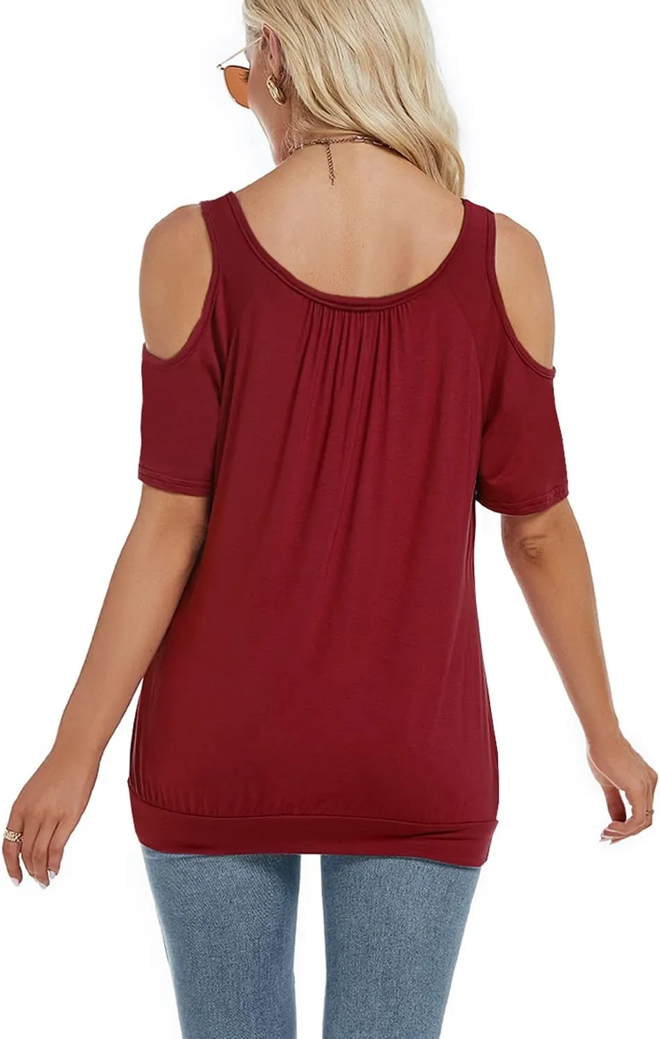 LEIYEE Womens Cold Shoulder Tops Summer Sexy Casual Short Sleeve Ruched Scoop Neck Banded Bottom Shirts Blouse